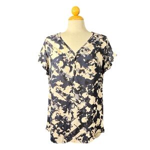 Cynthia Rowley Navy & Cream Abstract V-Neck Button Blouse